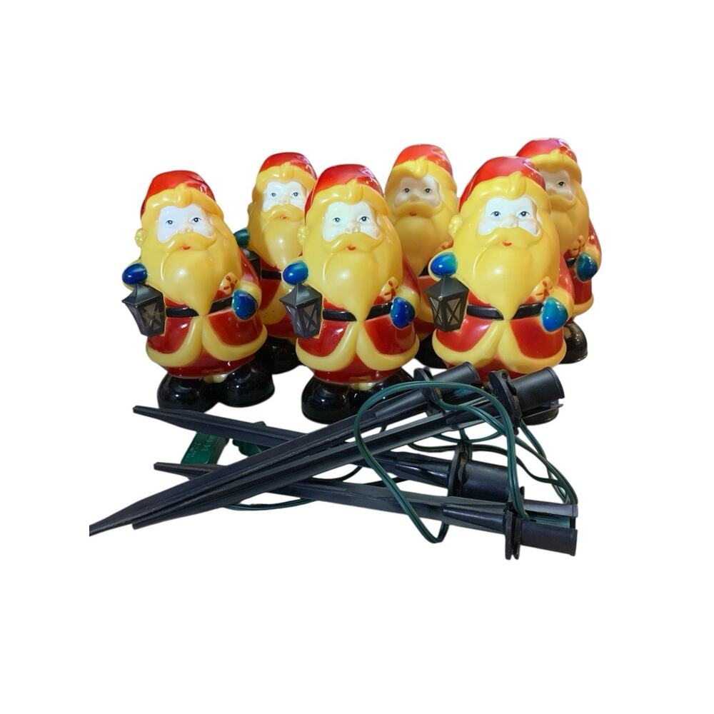 6 VTG Blow Mold Santa Light Toppers Candy Cane Plastic‎ 8.5in w 4 Stakes